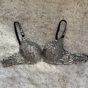 Sequin Embellished Silver Bra